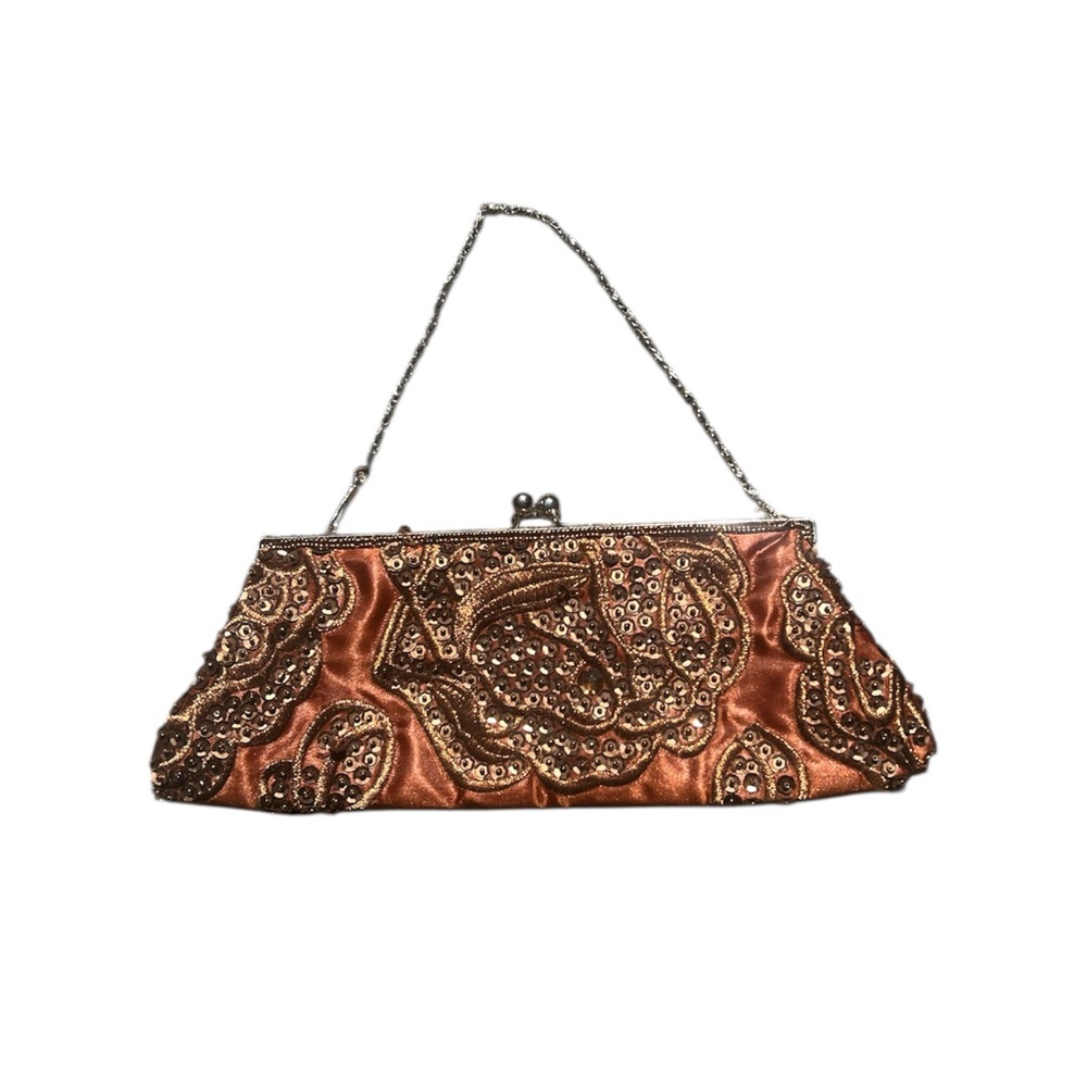 vintage y2k 2000s brown beaded and sequin clutch bag